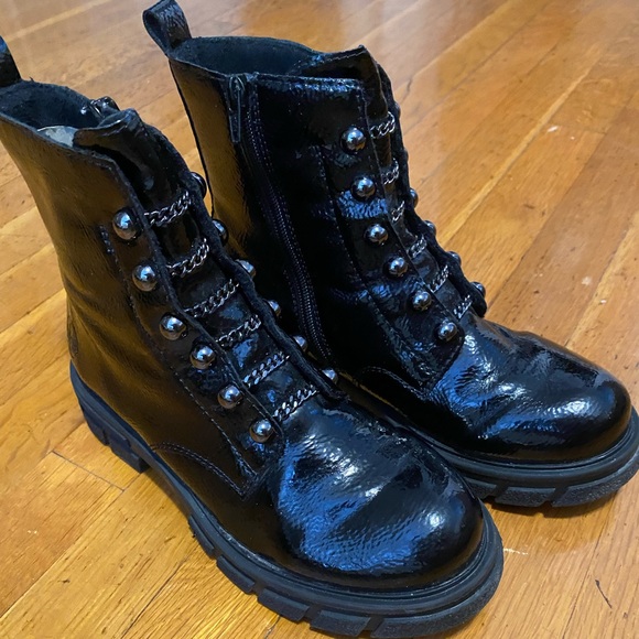 Rieker Women's Shiny Black Combat Boots - Picture 2 of 11